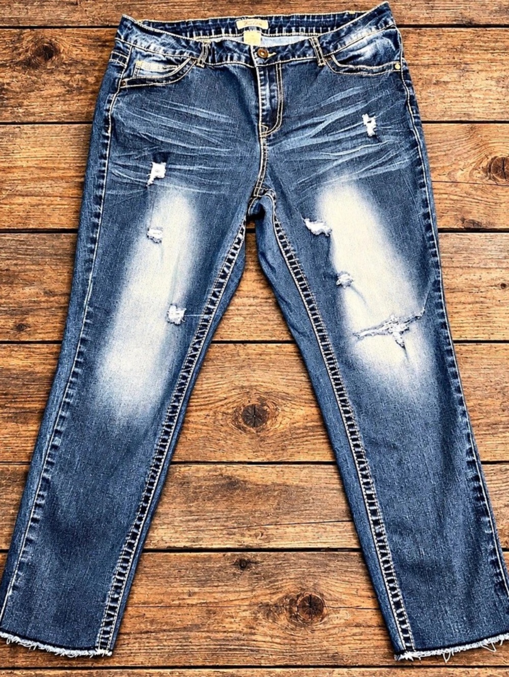 True Luck Women’s 16 Distressed Straight Leg Jeans X Pocket Raw Hem